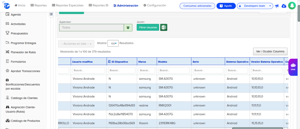 Integración del reporte “Dispositivos Registrados” en el módulo Usuarios