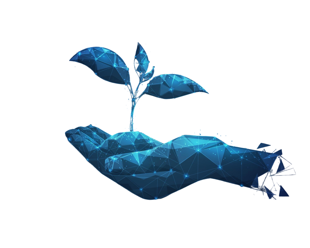 manos sosteniendo estructura alambrica baja poli arbol malla plantas semillero lineas puntos triangulos ecologia crecimiento