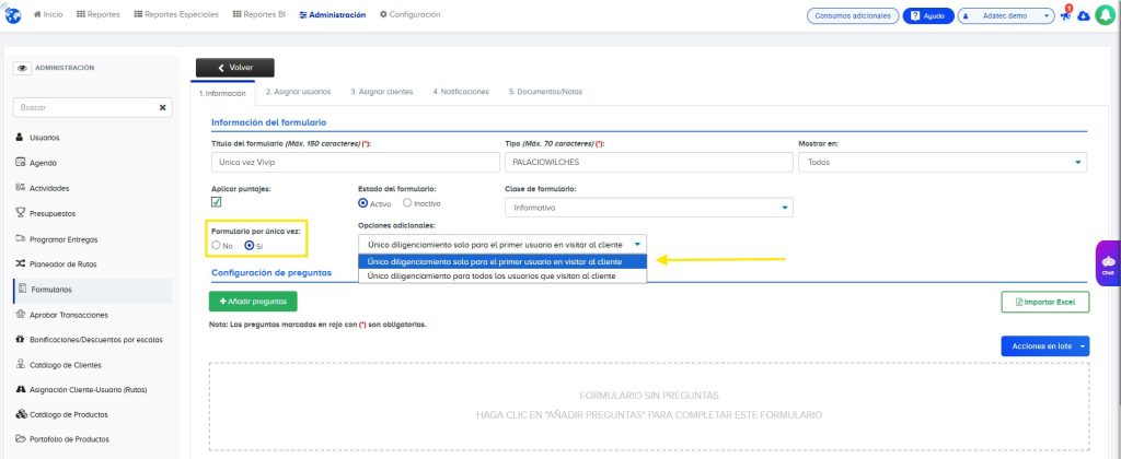 Nueva opción: Formulario por única vez