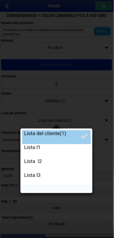 Selección dinámica de lista de precios por producto en transacciones de venta