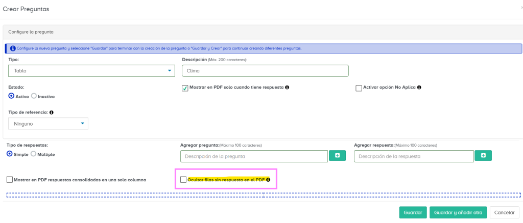 Optimice sus documentos: Nueva opción para ocultar filas sin respuesta en tablas dentro de los reportes PDF