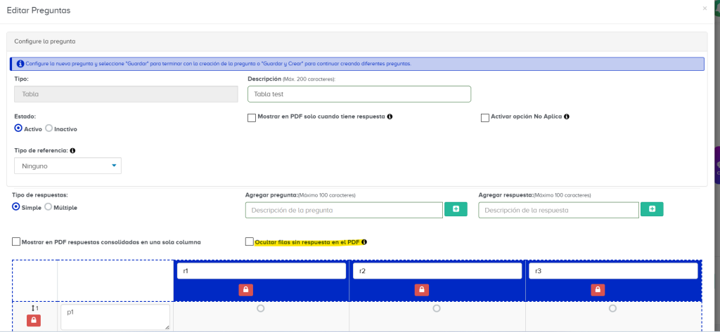 Optimice sus documentos: Nueva opción para ocultar filas sin respuesta en tablas dentro de los reportes PDF